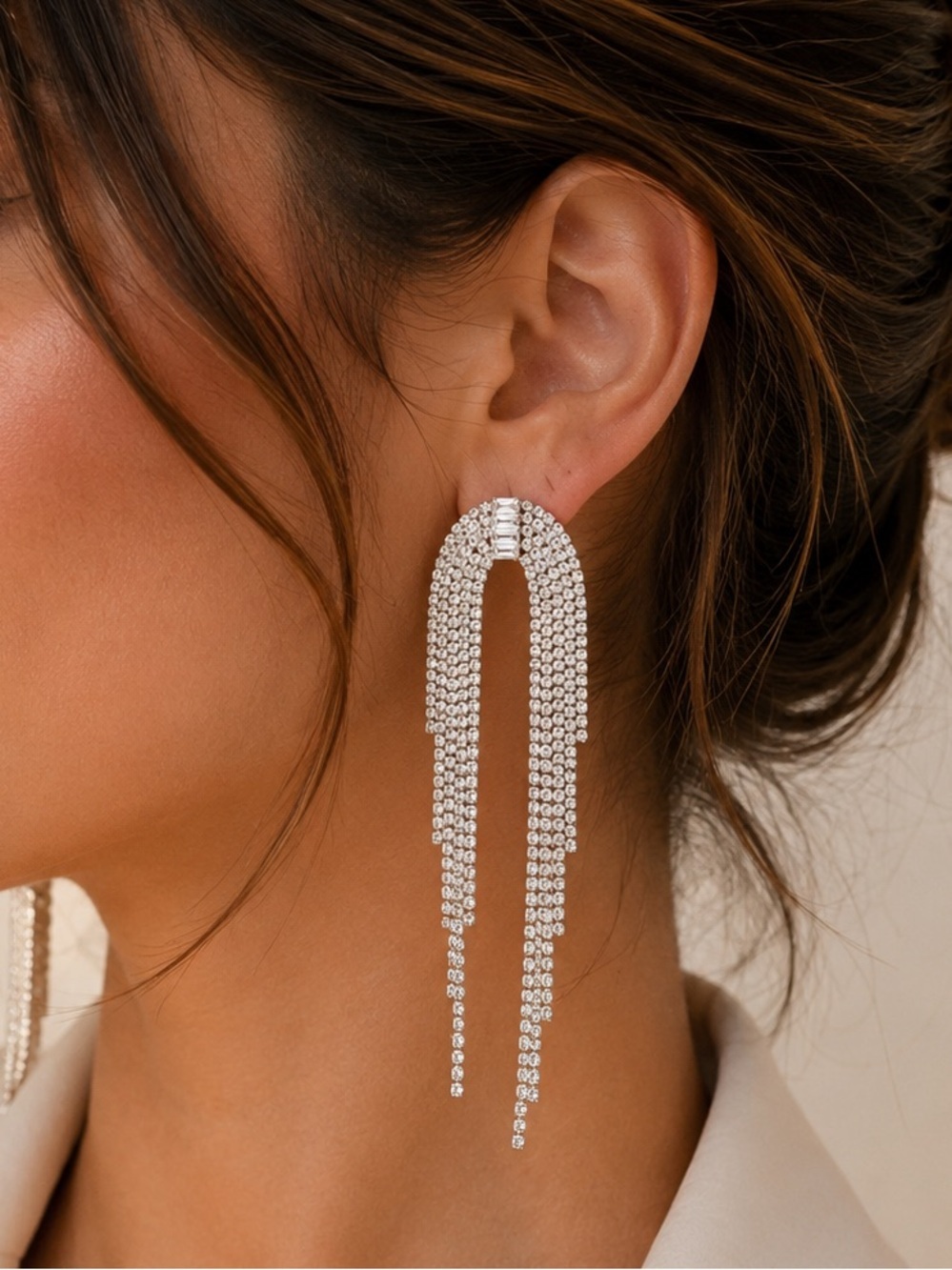 Silver Crystal Rhinestone Fringe Statement Earrings
